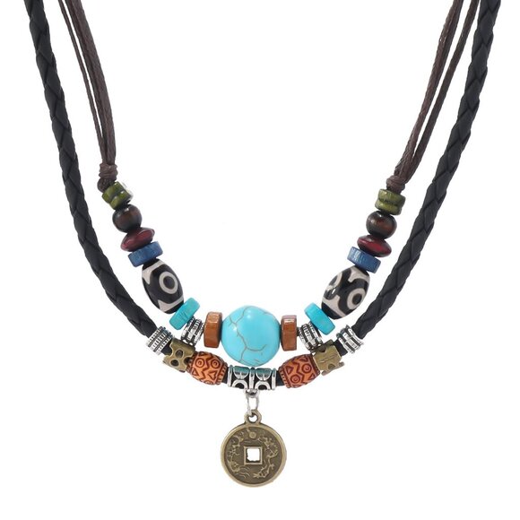 Jewelry - Layered Boho Wood Beads Choker Necklace Adjustable Hemp Cords Retro Fashion